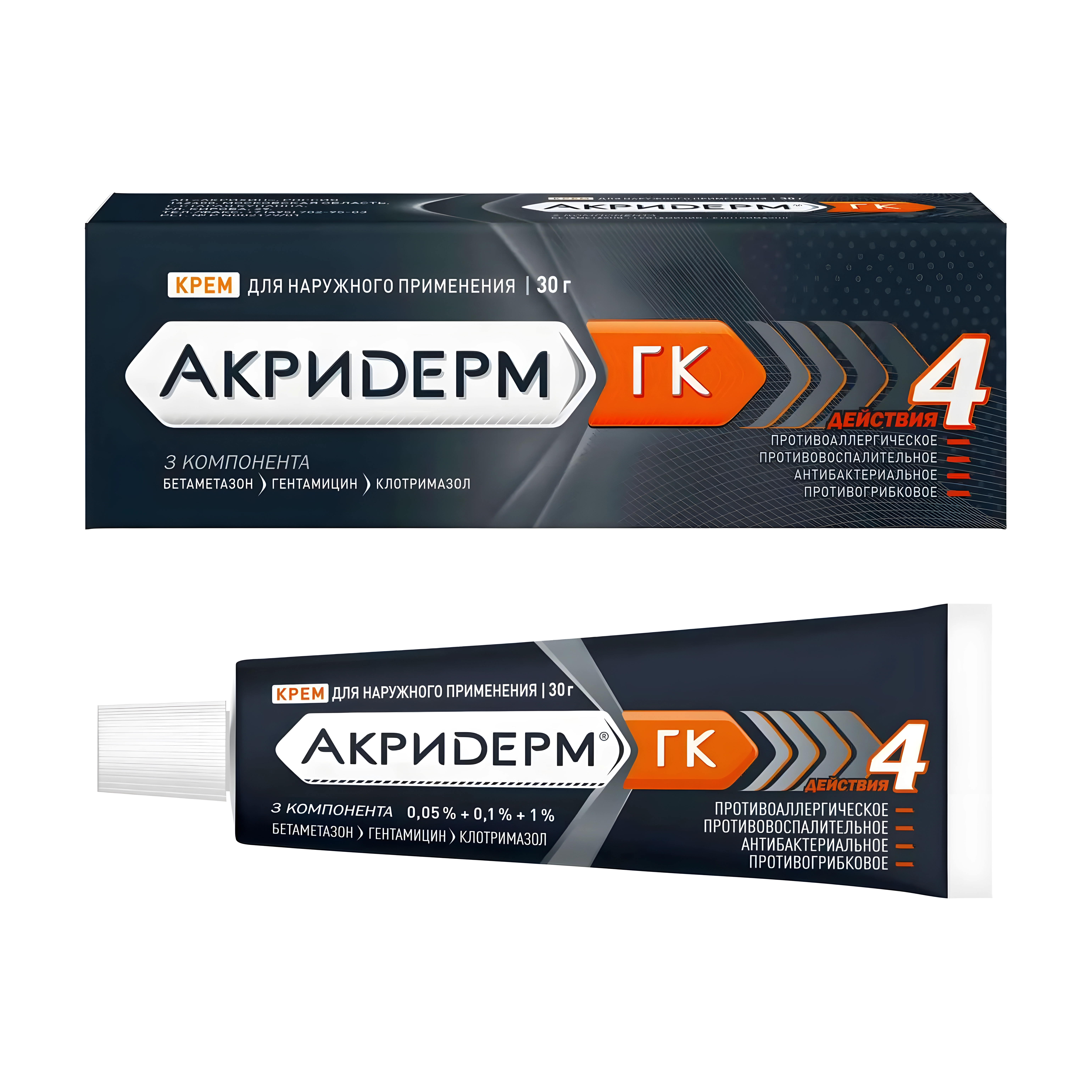 Акридерм гк крем д/наруж прим 0,05 % +0,1 % +1 % туба 30 г х1 ^